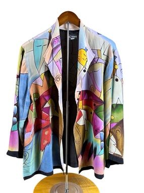 Dilemma Duhn Schroff Colorful Blazer Wearable Art Cubism Design Vtg 100% Silk OS